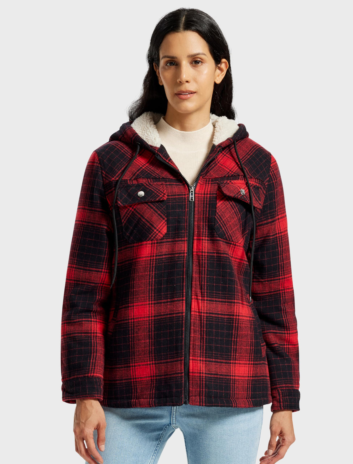 MoFiz Women Fleece Zip Up Hoodie Flannel Plaid Jacket With Pocket