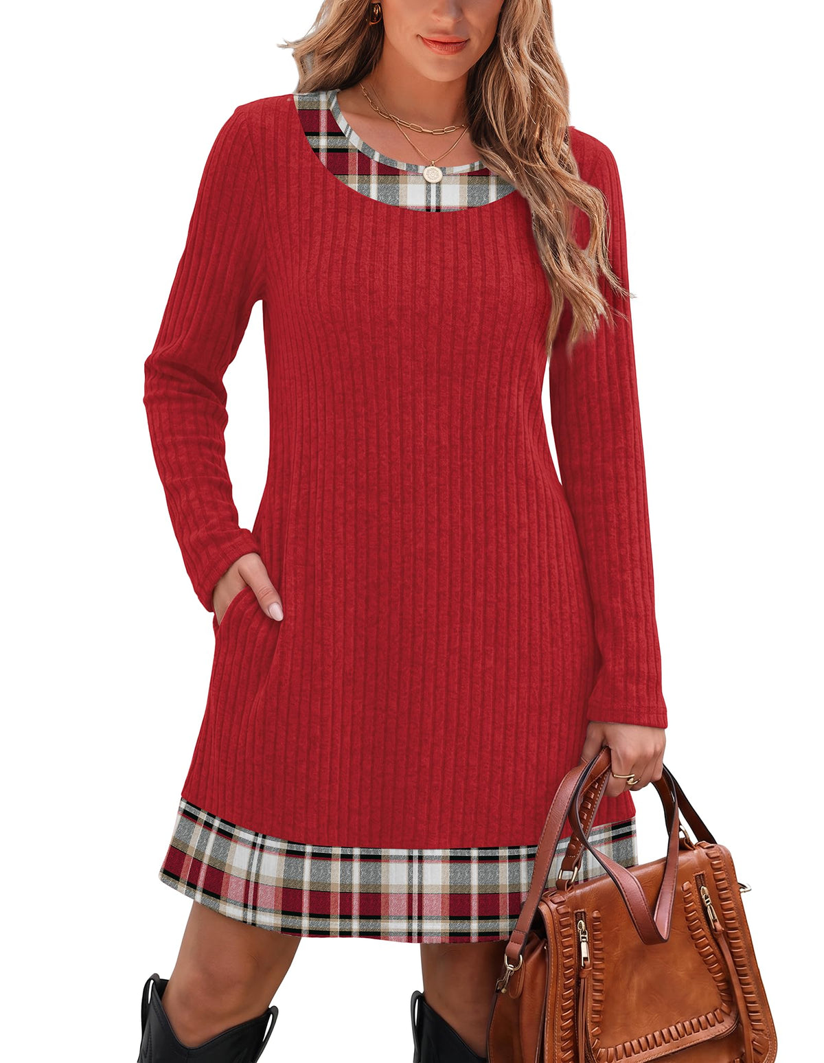 OFEEFAN Fall Dresses for Women 2026 Long Sleeve Sweater Dress Color Block