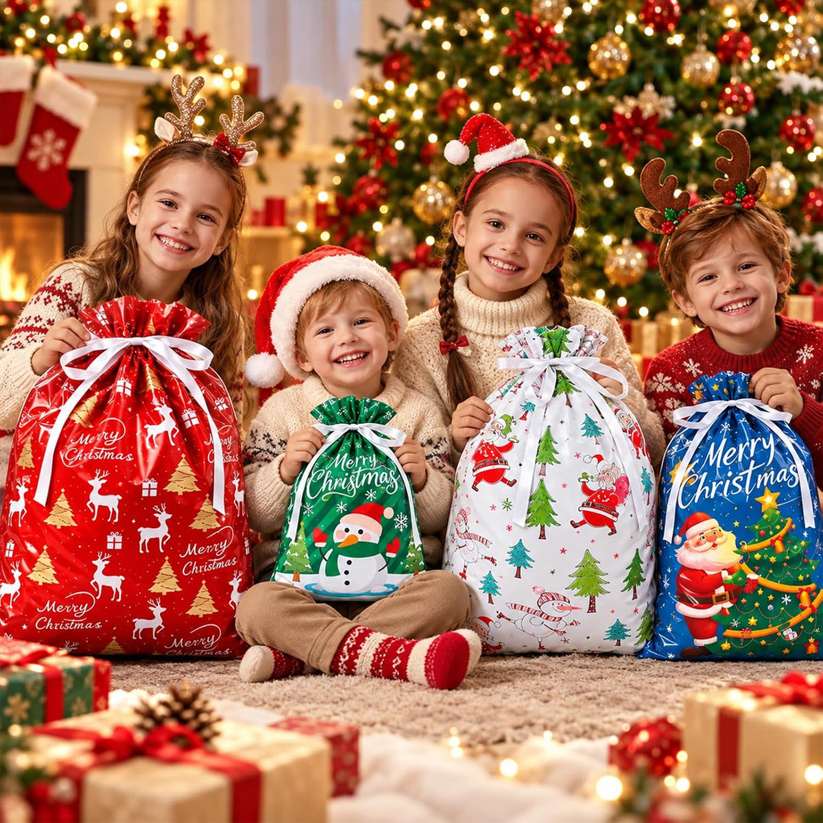 35PCS Christmas Drawstring Gift Bags, Assorted Sizes Small Medium Large