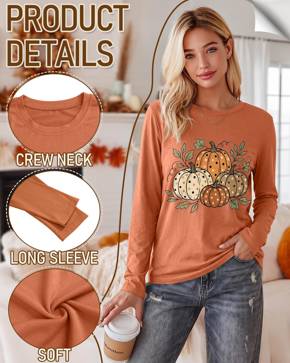 Huukeay Fall Shirts for Women Pumpkin Long Sleeve Tops