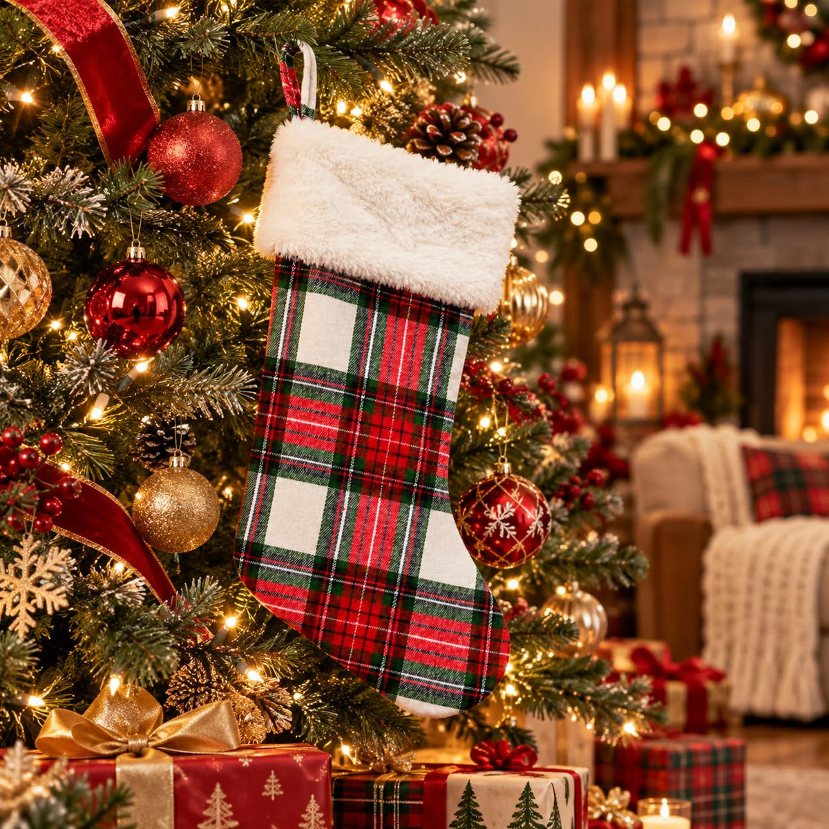 6 Pack Christmas Stockings18 Large Red Plush Christmas Stockings with White Faux Fur Cuff, Soft Thick Xmas Hanging Stockings for Fireplace Mantel, Family Holiday Decorations