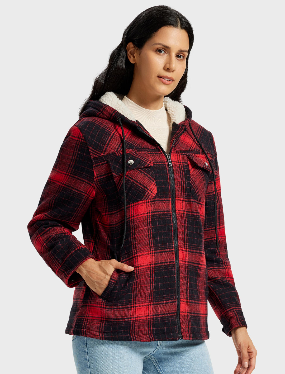 MoFiz Women Fleece Zip Up Hoodie Flannel Plaid Jacket With Pocket