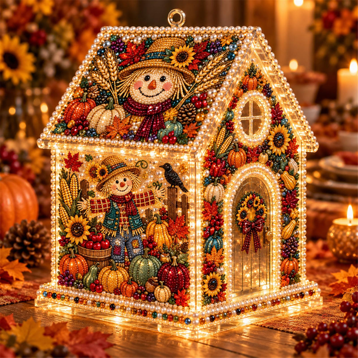 DIY Light Up Pearl Diamond Art Acrylic Cottage Kit，Christmas Village