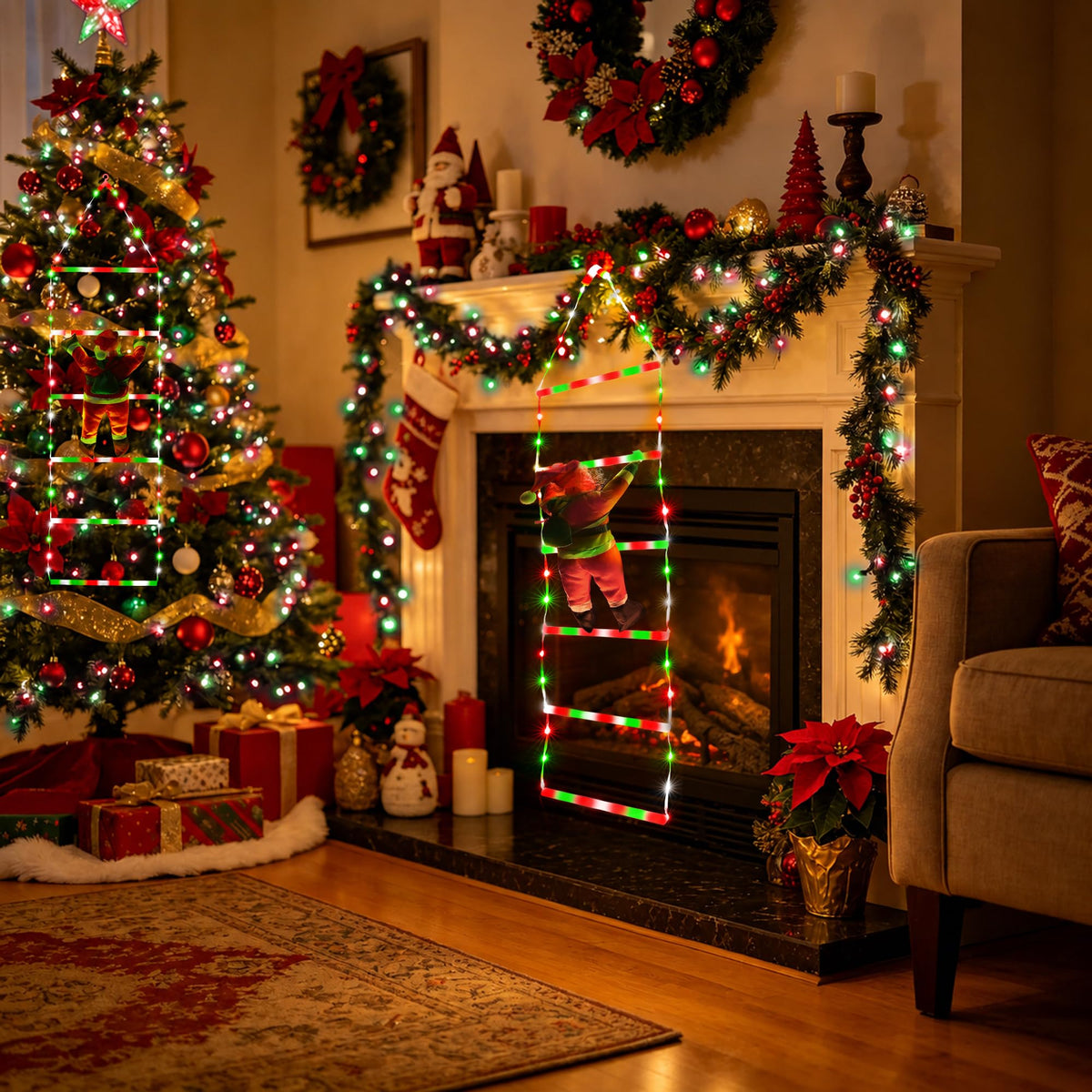 Toodour LED Christmas Lights - 10ft Christmas Decorative Ladder Lights with Santa Claus, Xmas Decorations Light for Indoor Outdoor, Window, Garden, Home, Wall, Xmas Tree Decor - Warm White