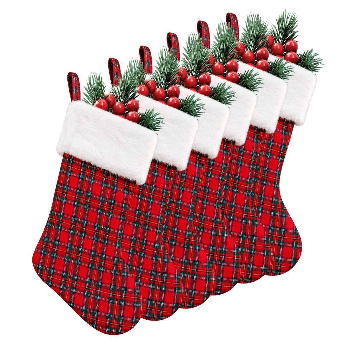 6 Pack Christmas Stockings18 Large Red Plush Christmas Stockings with White Faux Fur Cuff, Soft Thick Xmas Hanging Stockings for Fireplace Mantel, Family Holiday Decorations
