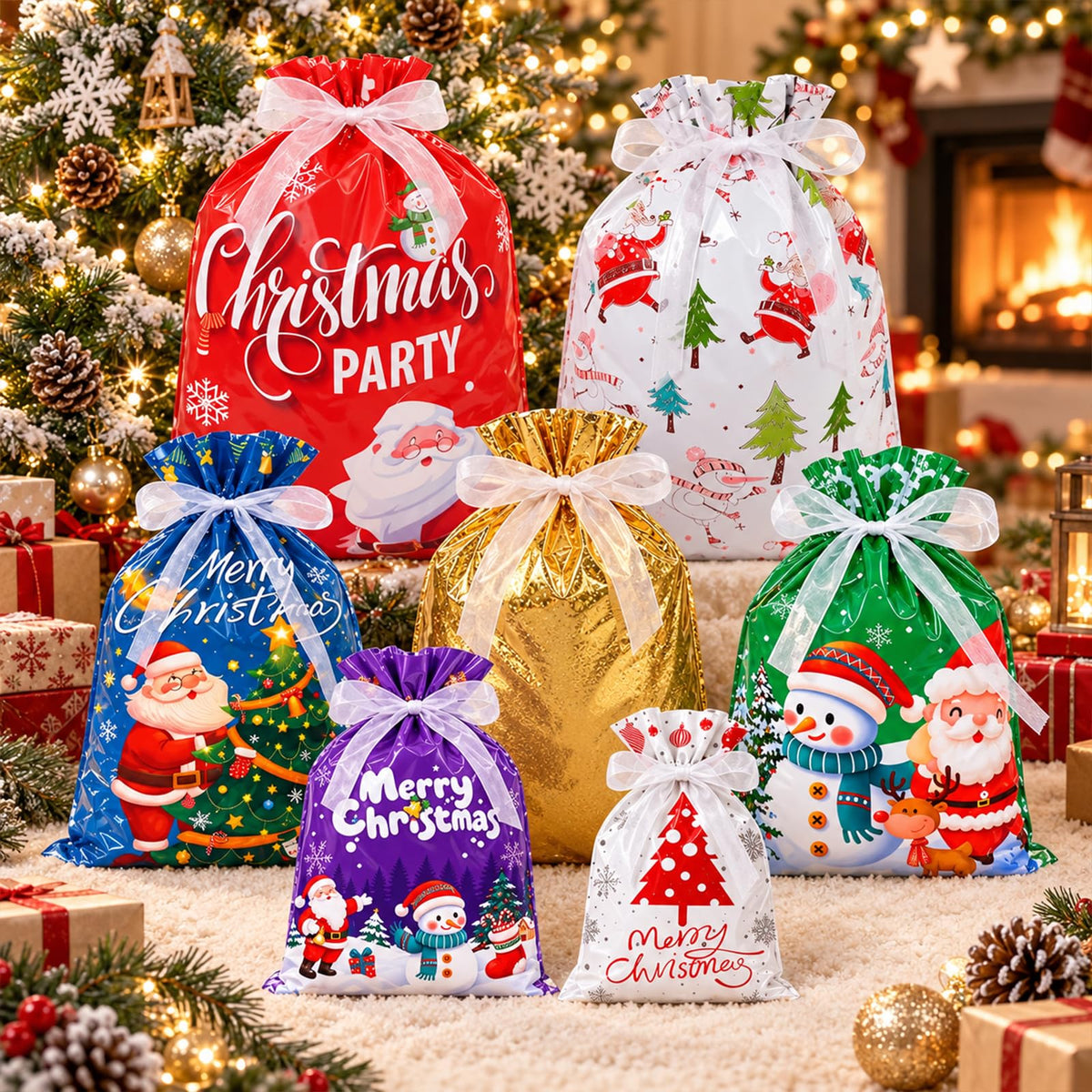 35PCS Christmas Drawstring Gift Bags, Assorted Sizes Small Medium Large