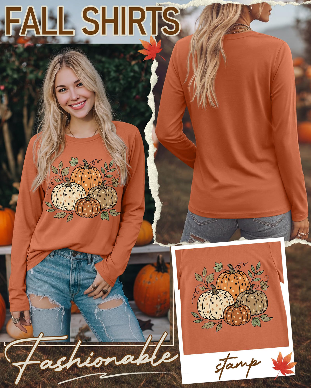 Huukeay Fall Shirts for Women Pumpkin Long Sleeve Tops