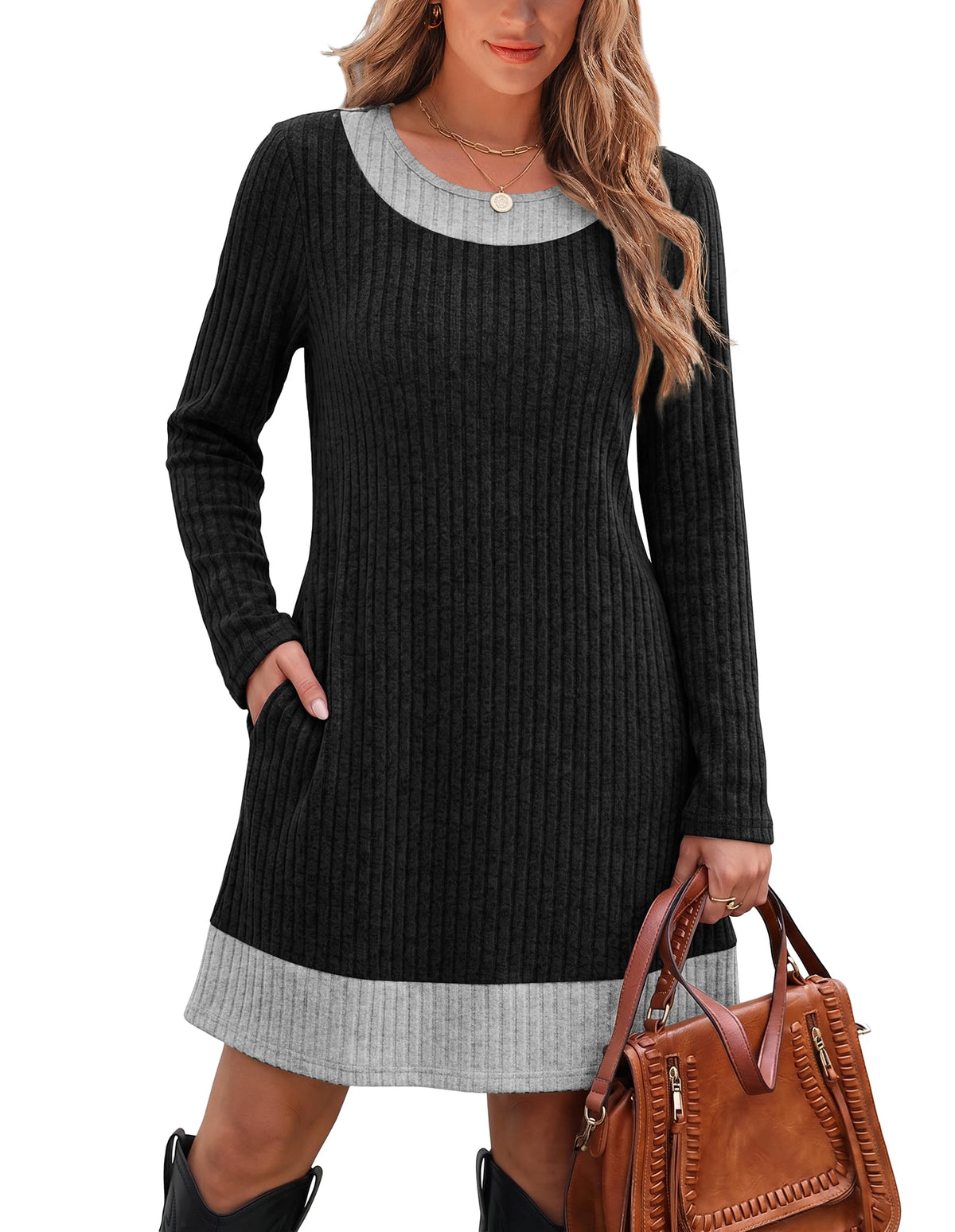 OFEEFAN Fall Dresses for Women 2026 Long Sleeve Sweater Dress Color Block