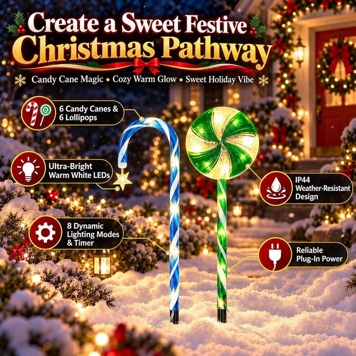 12 Pack 108 LEDs Candy Cane Pathway Lights w/ 8-Mode Lighting