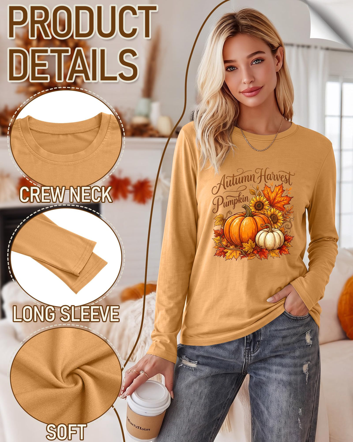 Huukeay Fall Shirts for Women Pumpkin Long Sleeve Tops
