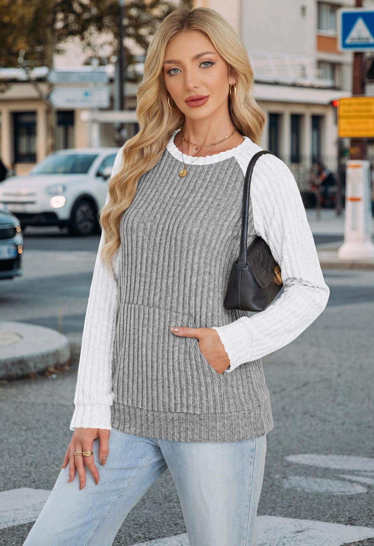 OFEEFAN Womens Fall Fashion 2026 Long Sleeve Tops Oversized Sweaters Winter Clothing with Pocket Color Block Tunics