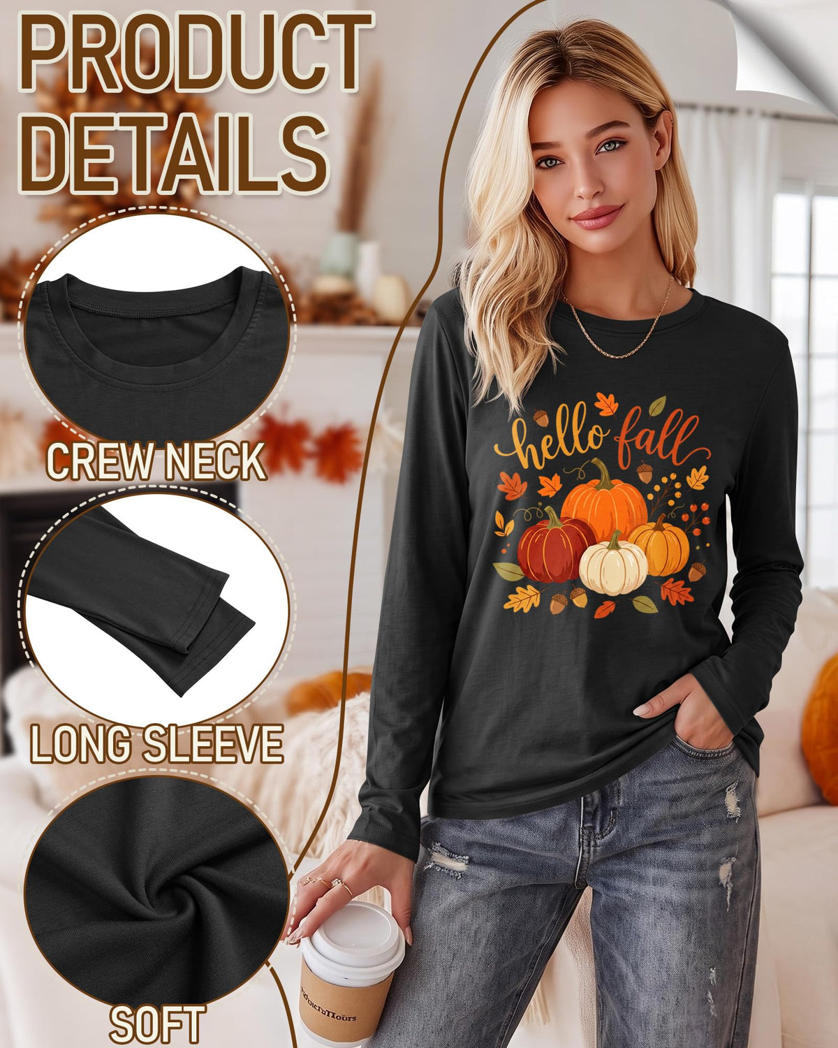 Huukeay Fall Shirts for Women Pumpkin Long Sleeve Tops