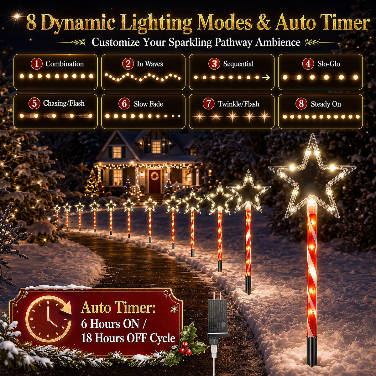 12 Pack 108 LEDs Candy Cane Pathway Lights w/ 8-Mode Lighting