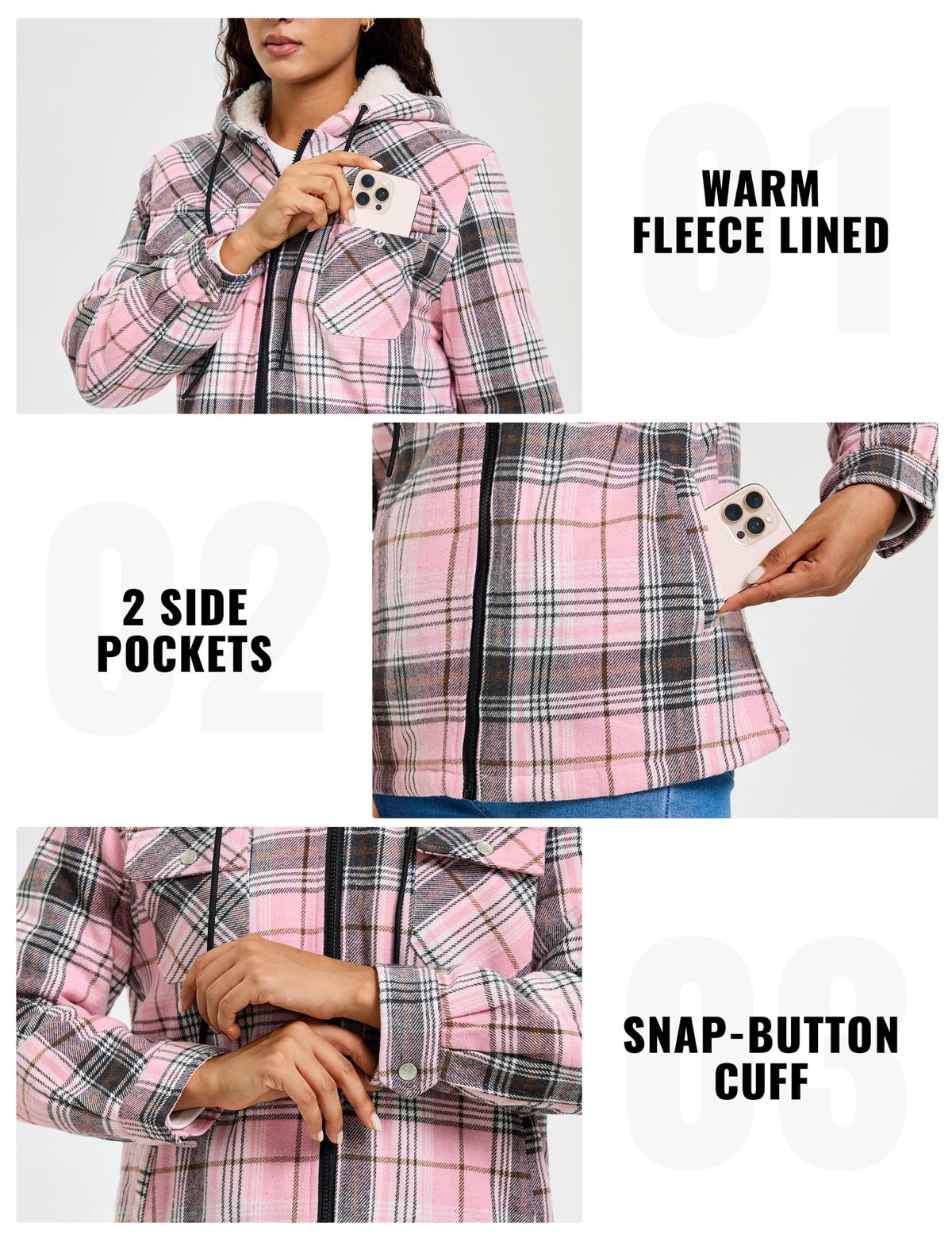MoFiz Women Fleece Zip Up Hoodie Flannel Plaid Jacket With Pocket