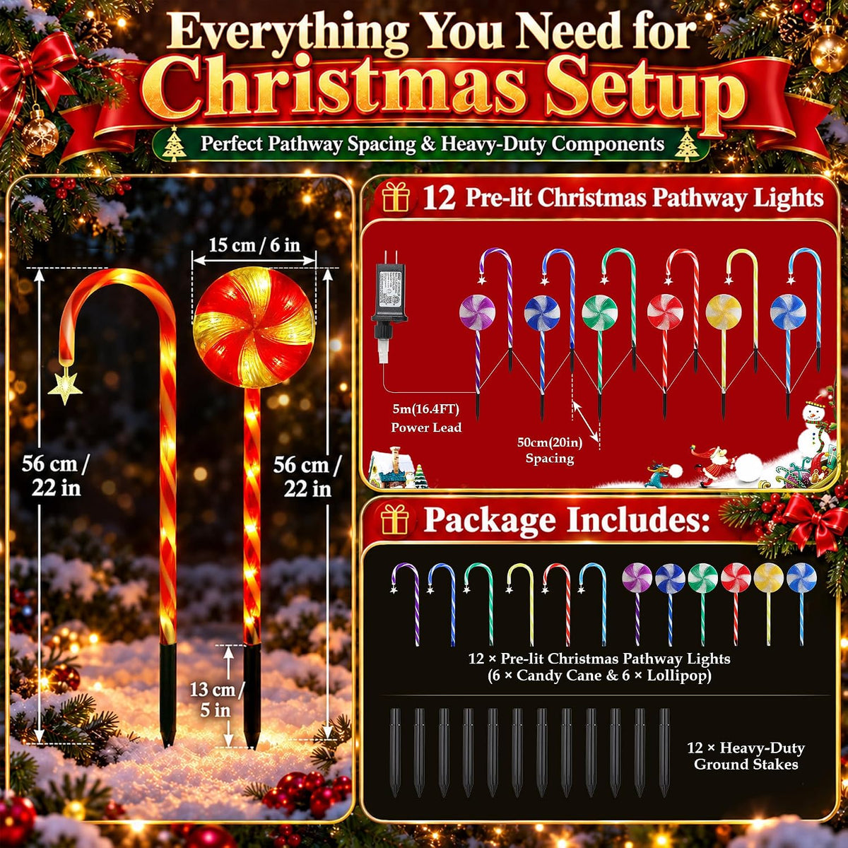 12 Pack 108 LEDs Candy Cane Pathway Lights w/ 8-Mode Lighting