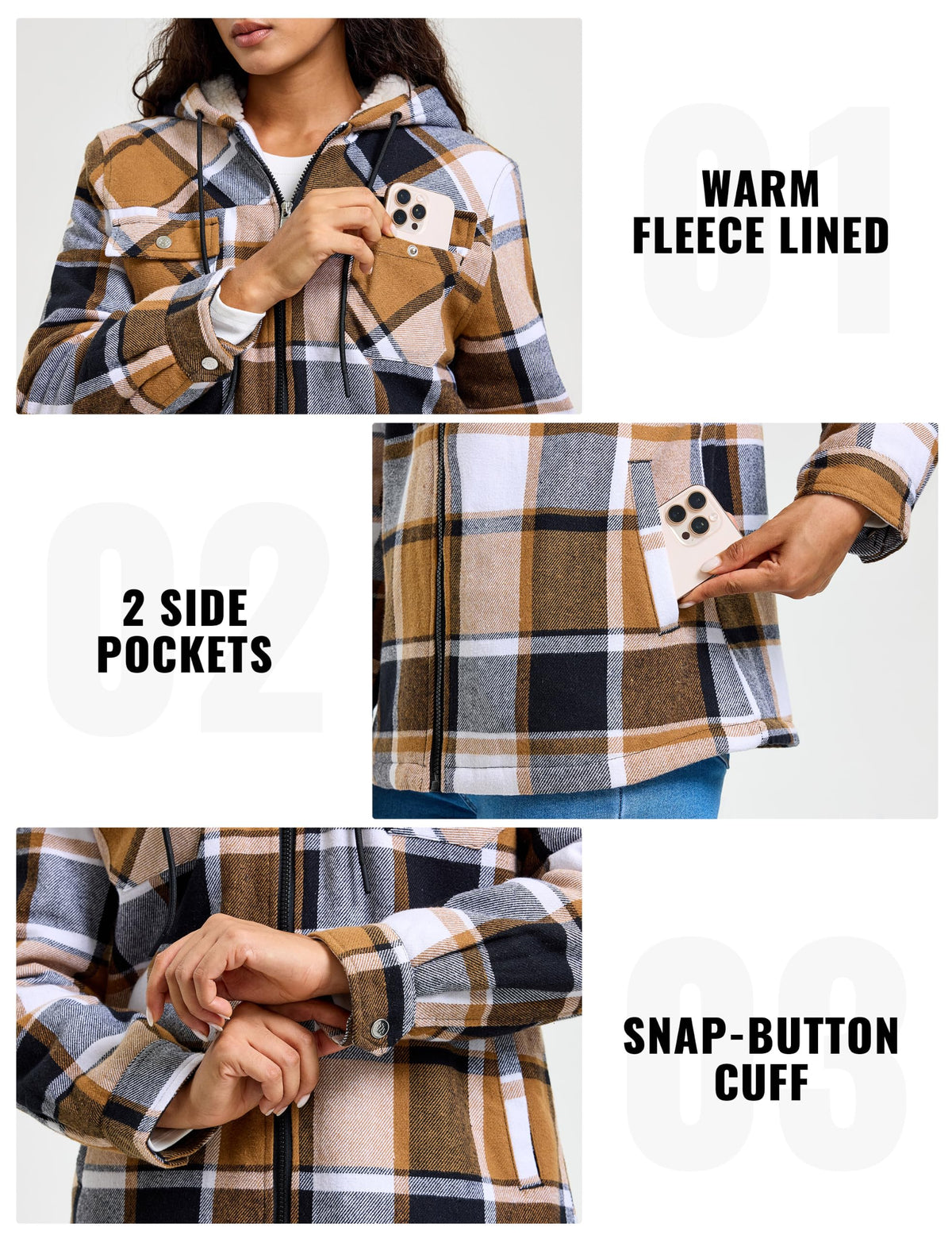 MoFiz Women Fleece Zip Up Hoodie Flannel Plaid Jacket With Pocket