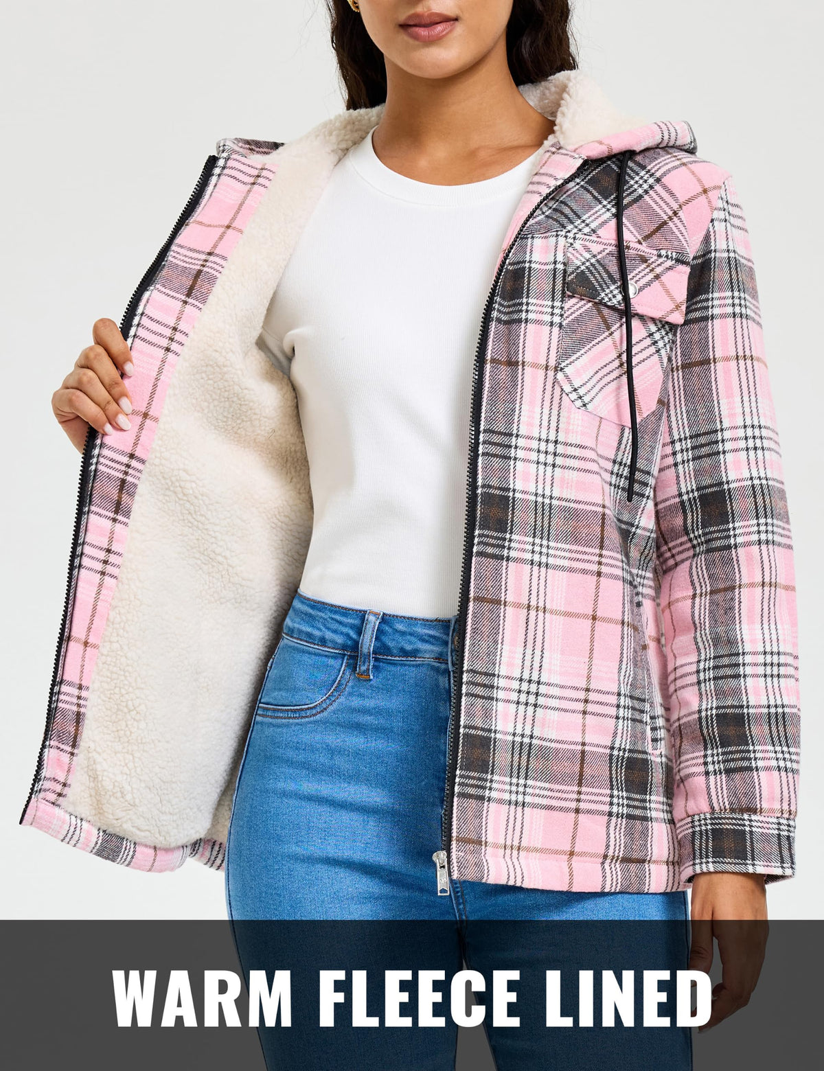 MoFiz Women Fleece Zip Up Hoodie Flannel Plaid Jacket With Pocket