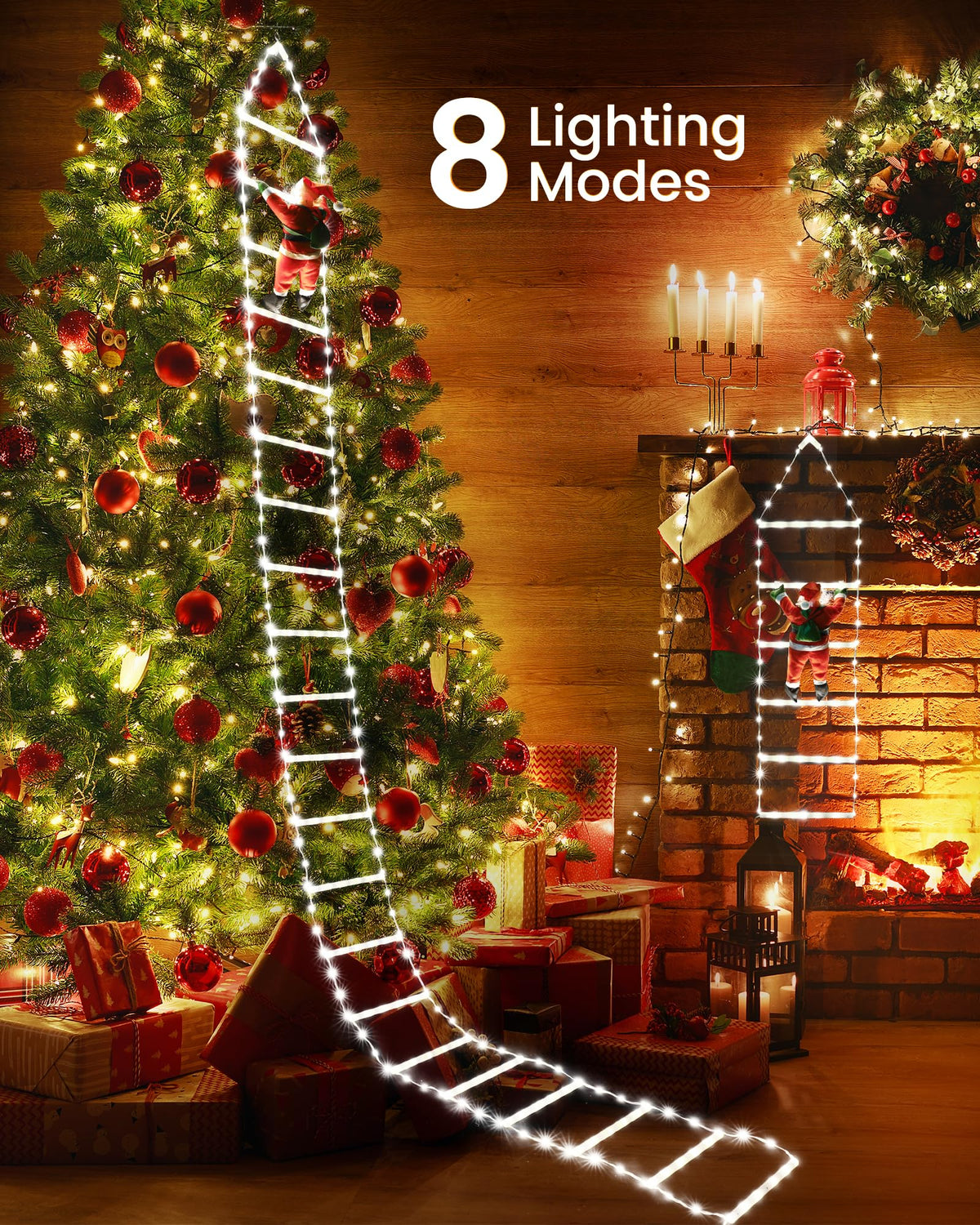 Toodour LED Christmas Lights - 10ft Christmas Decorative Ladder Lights with Santa Claus, Xmas Decorations Light for Indoor Outdoor, Window, Garden, Home, Wall, Xmas Tree Decor - Warm White