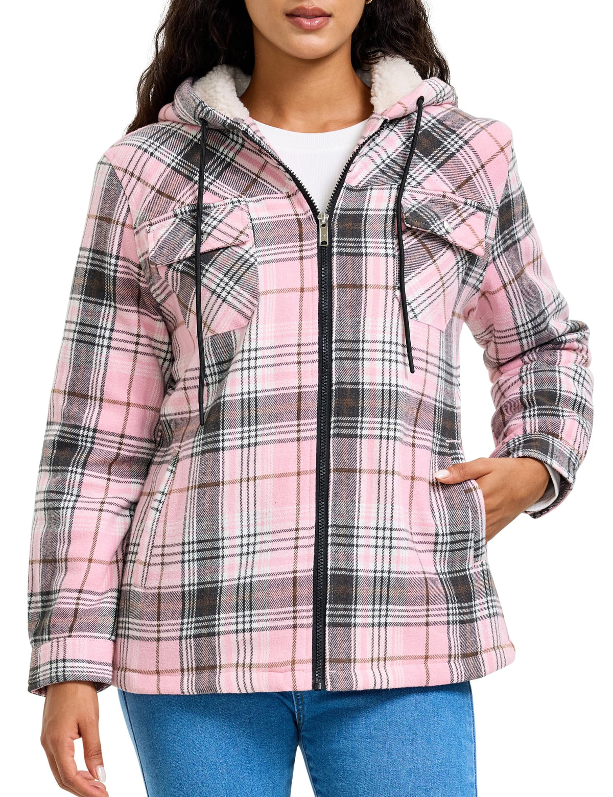 MoFiz Women Fleece Zip Up Hoodie Flannel Plaid Jacket With Pocket