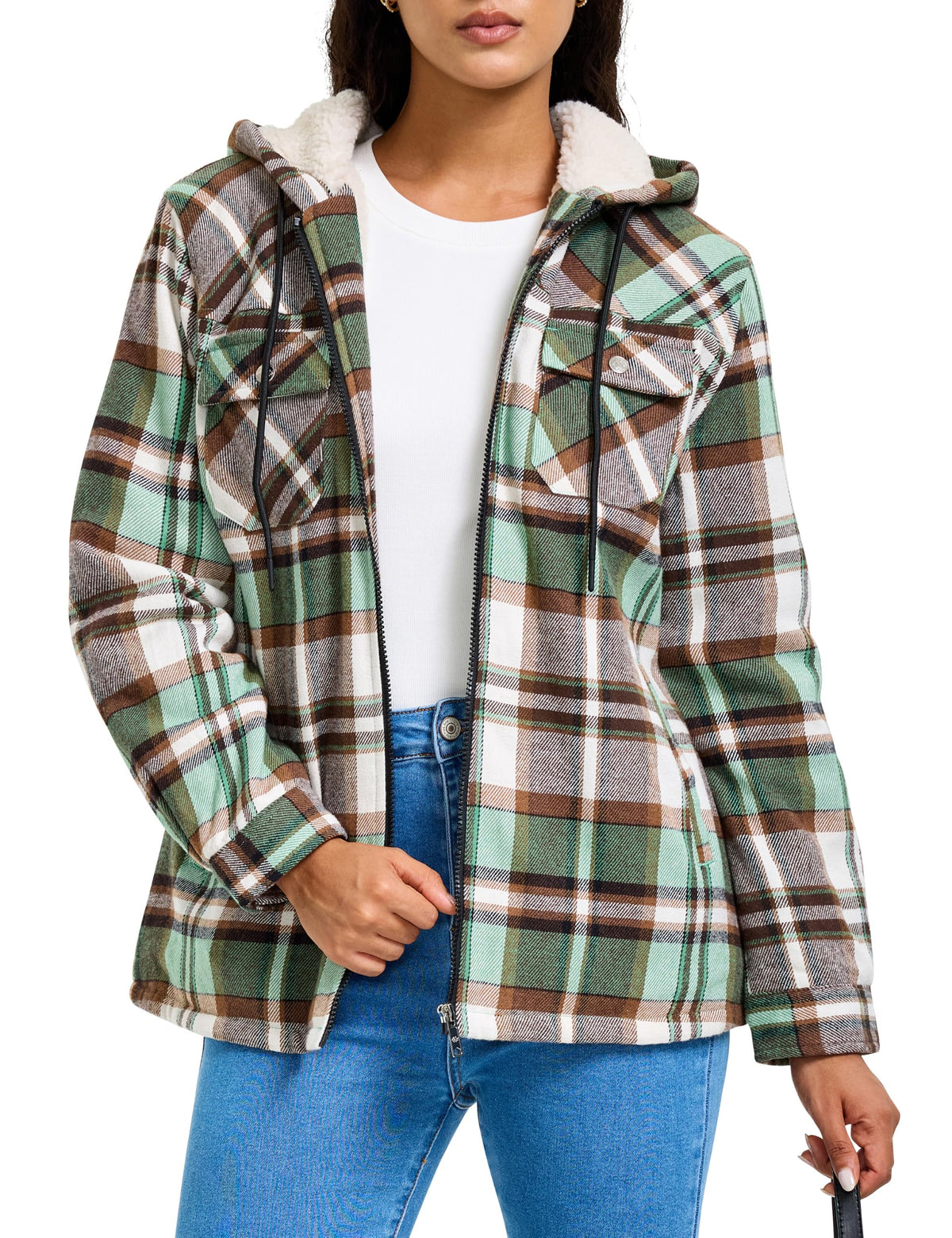 MoFiz Women Fleece Zip Up Hoodie Flannel Plaid Jacket With Pocket