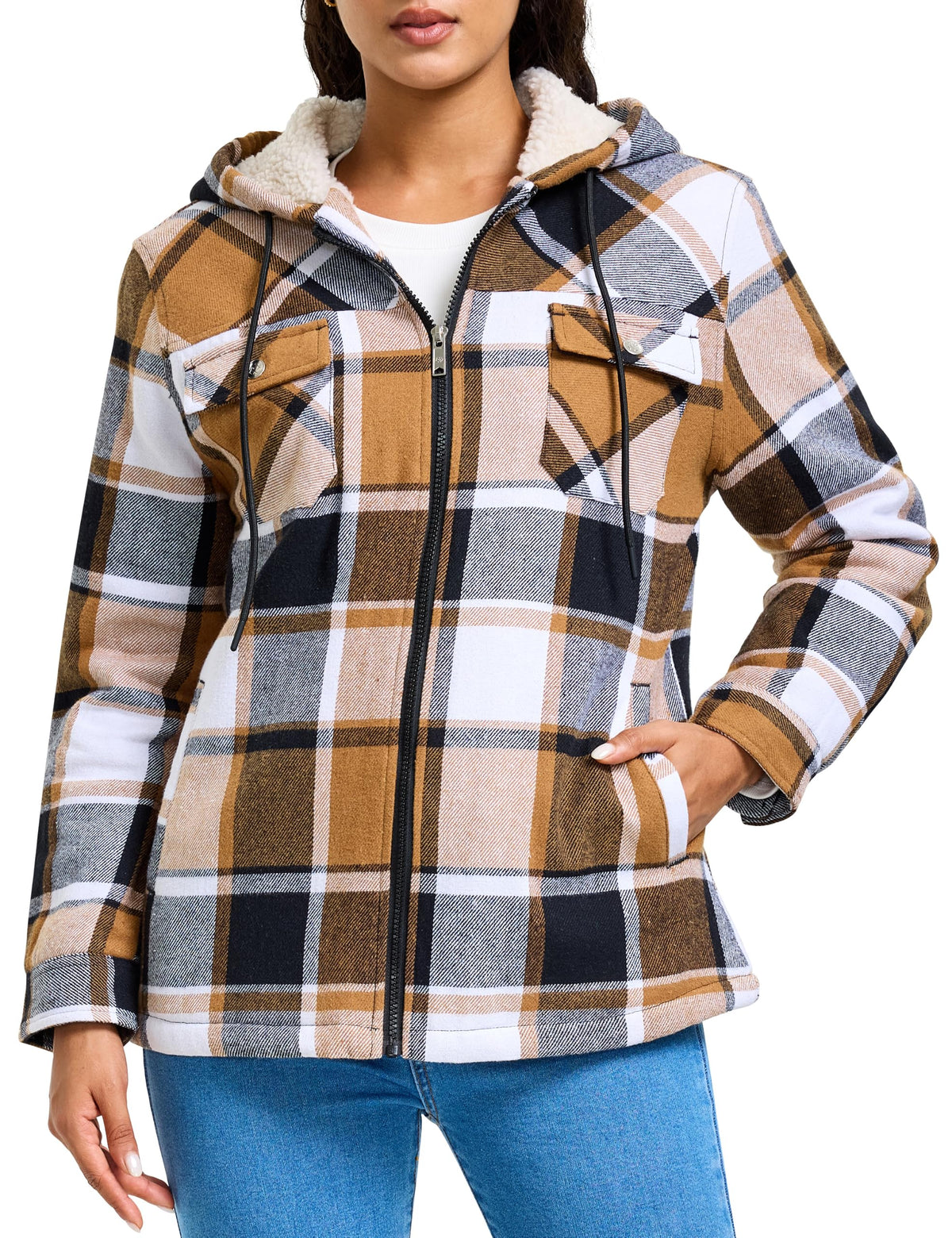 MoFiz Women Fleece Zip Up Hoodie Flannel Plaid Jacket With Pocket