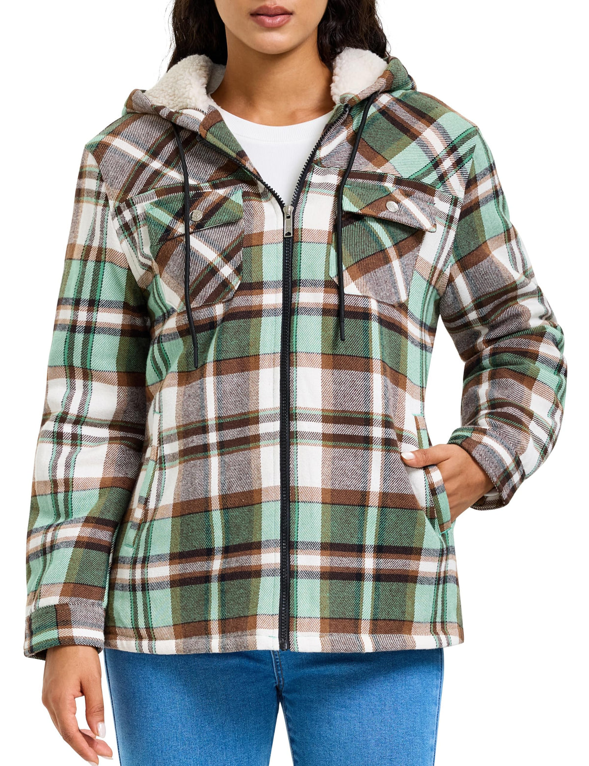 MoFiz Women Fleece Zip Up Hoodie Flannel Plaid Jacket With Pocket