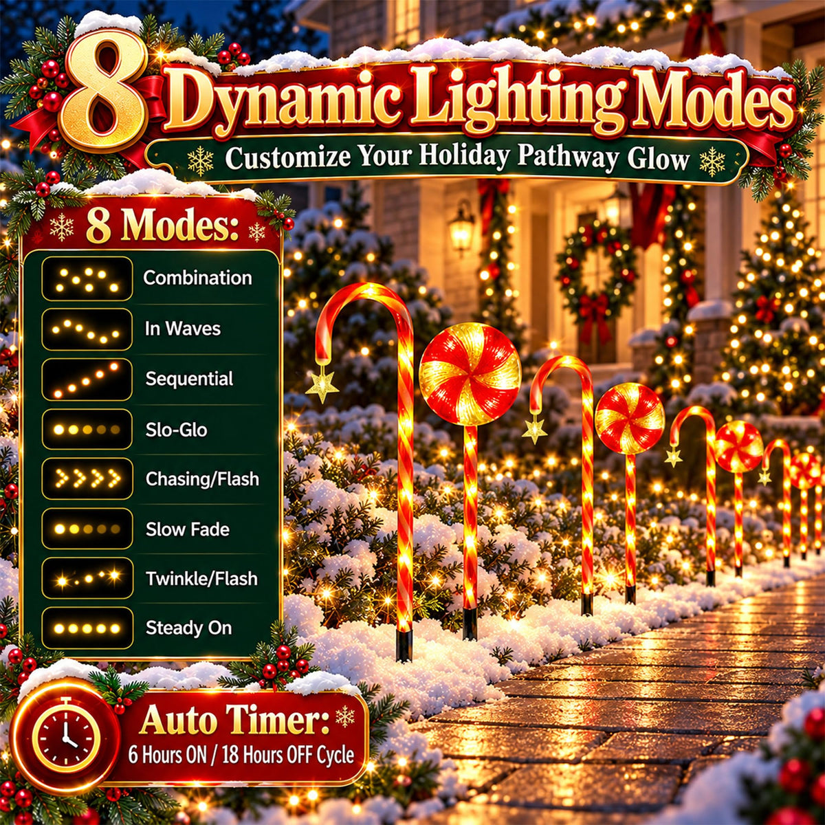 12 Pack 108 LEDs Candy Cane Pathway Lights w/ 8-Mode Lighting