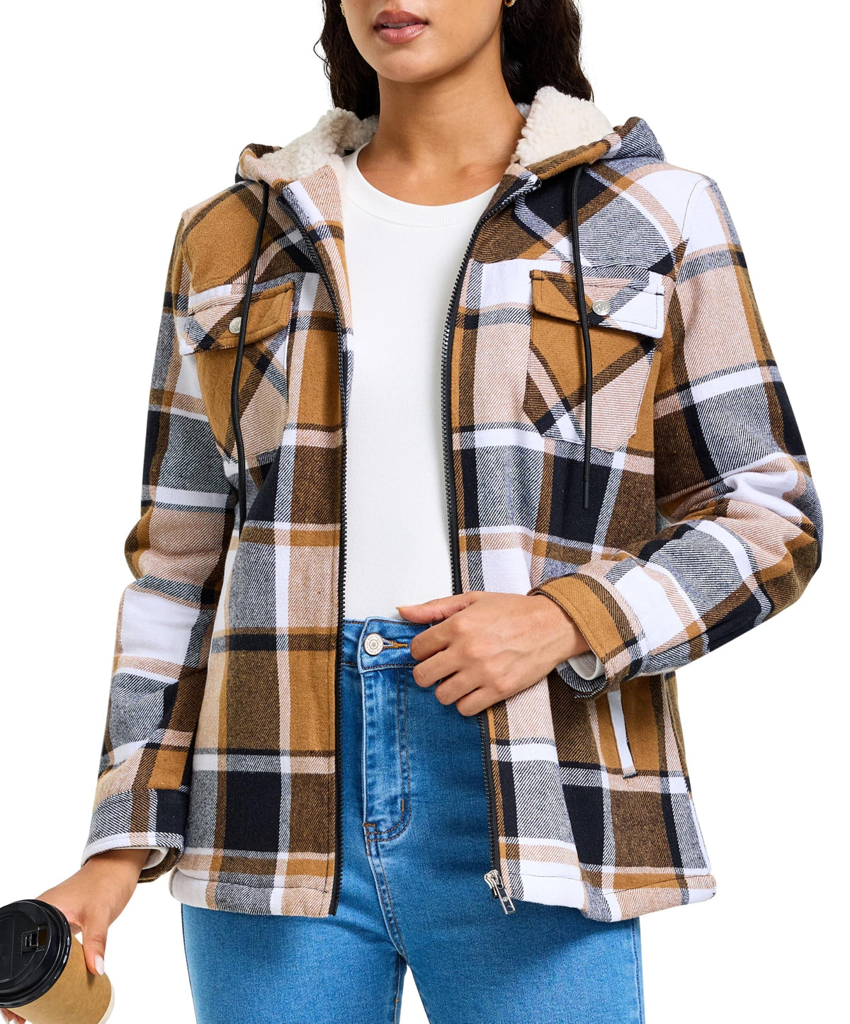 MoFiz Women Fleece Zip Up Hoodie Flannel Plaid Jacket With Pocket
