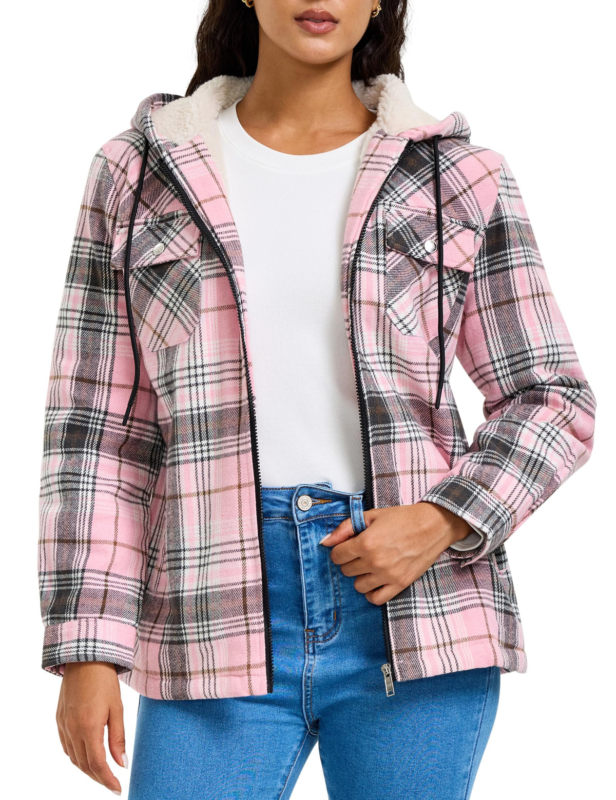 MoFiz Women Fleece Zip Up Hoodie Flannel Plaid Jacket With Pocket