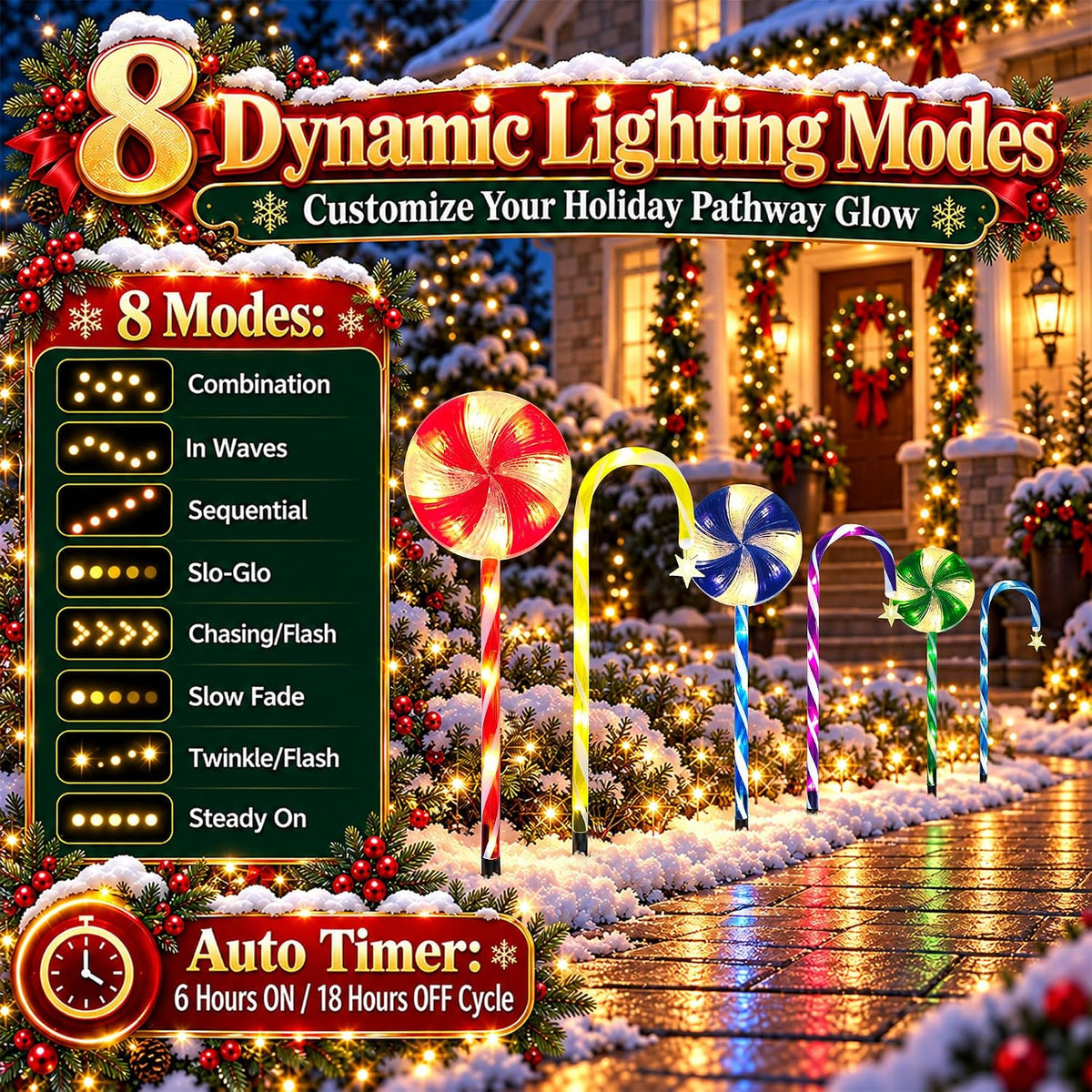 12 Pack 108 LEDs Candy Cane Pathway Lights w/ 8-Mode Lighting