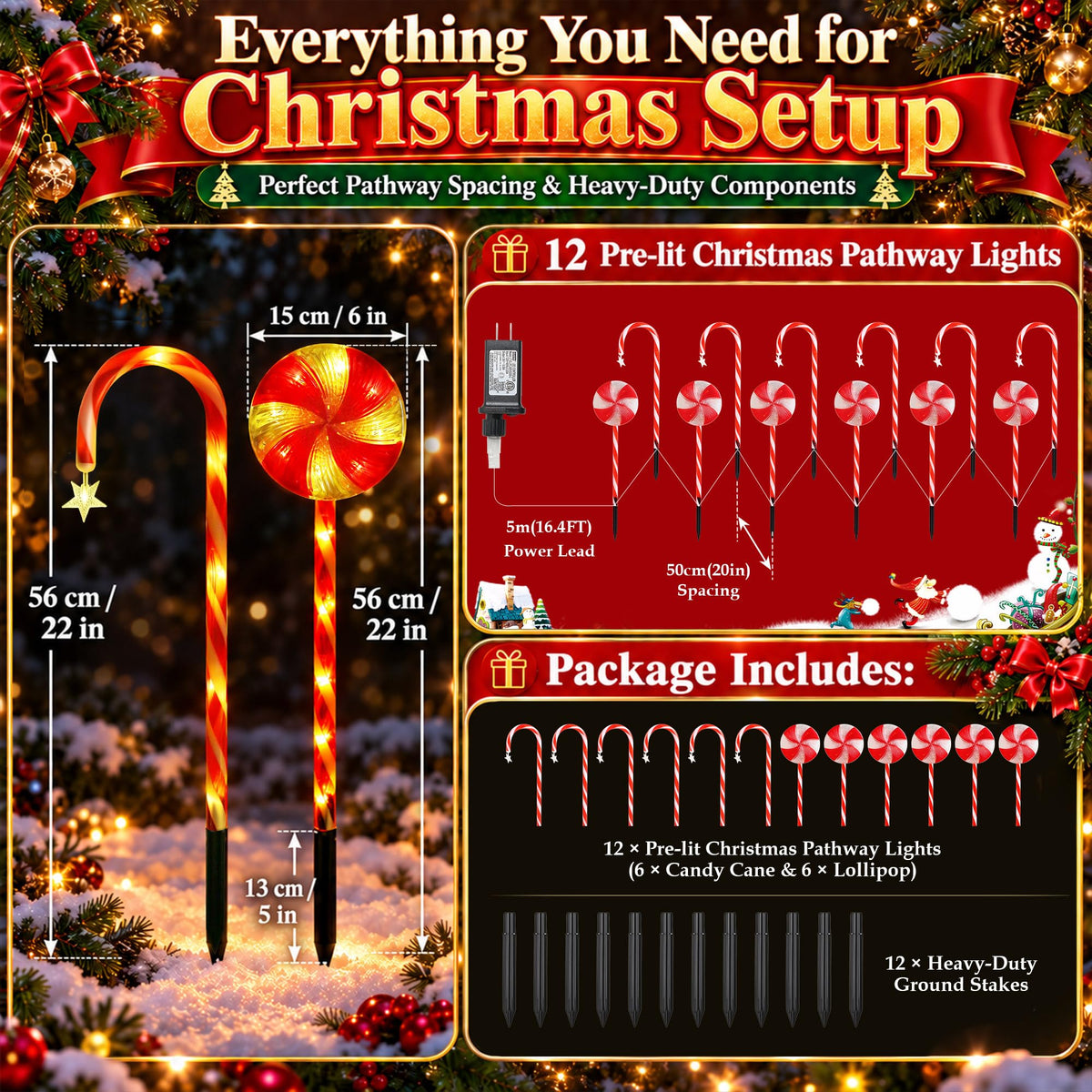 12 Pack 108 LEDs Candy Cane Pathway Lights w/ 8-Mode Lighting