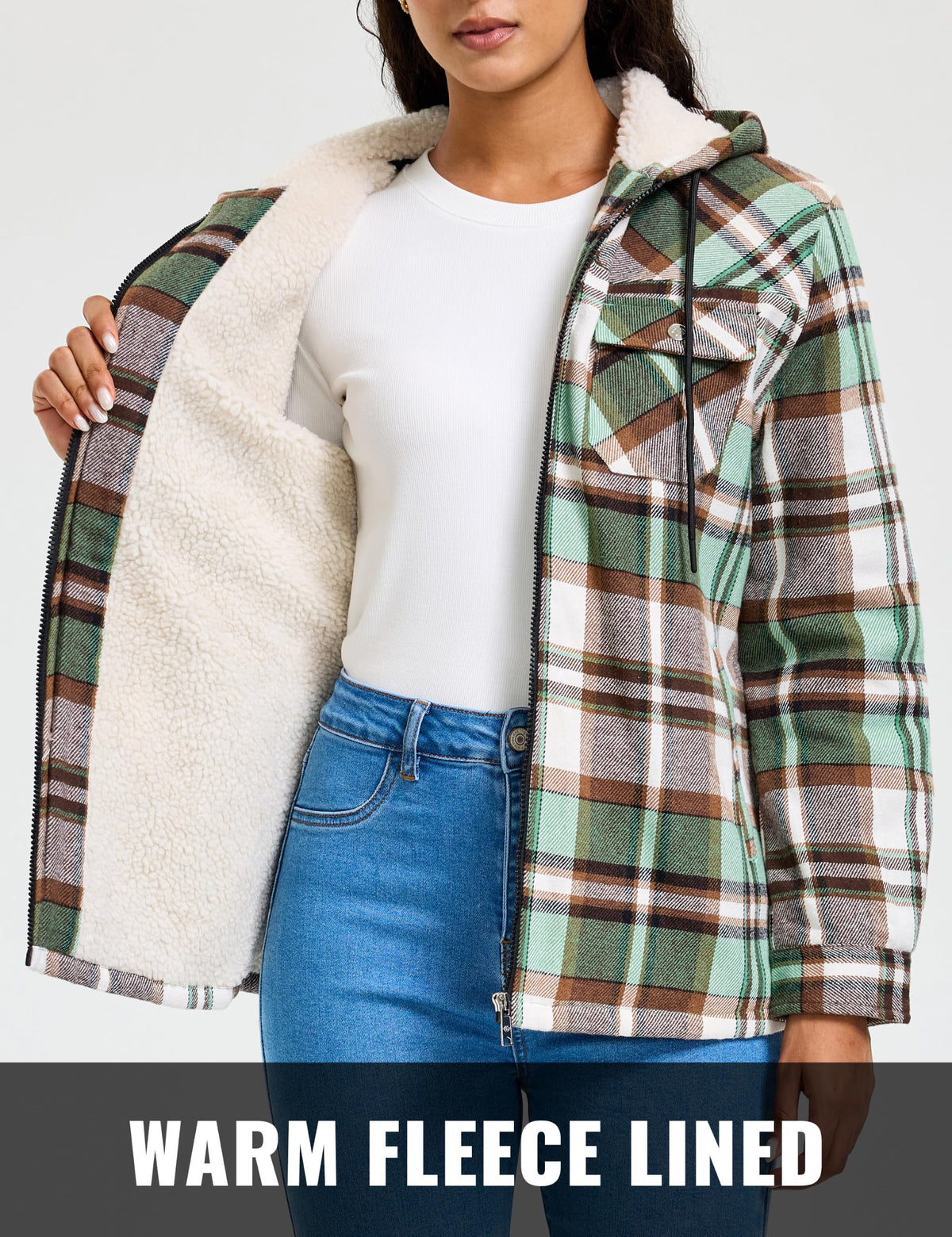 MoFiz Women Fleece Zip Up Hoodie Flannel Plaid Jacket With Pocket