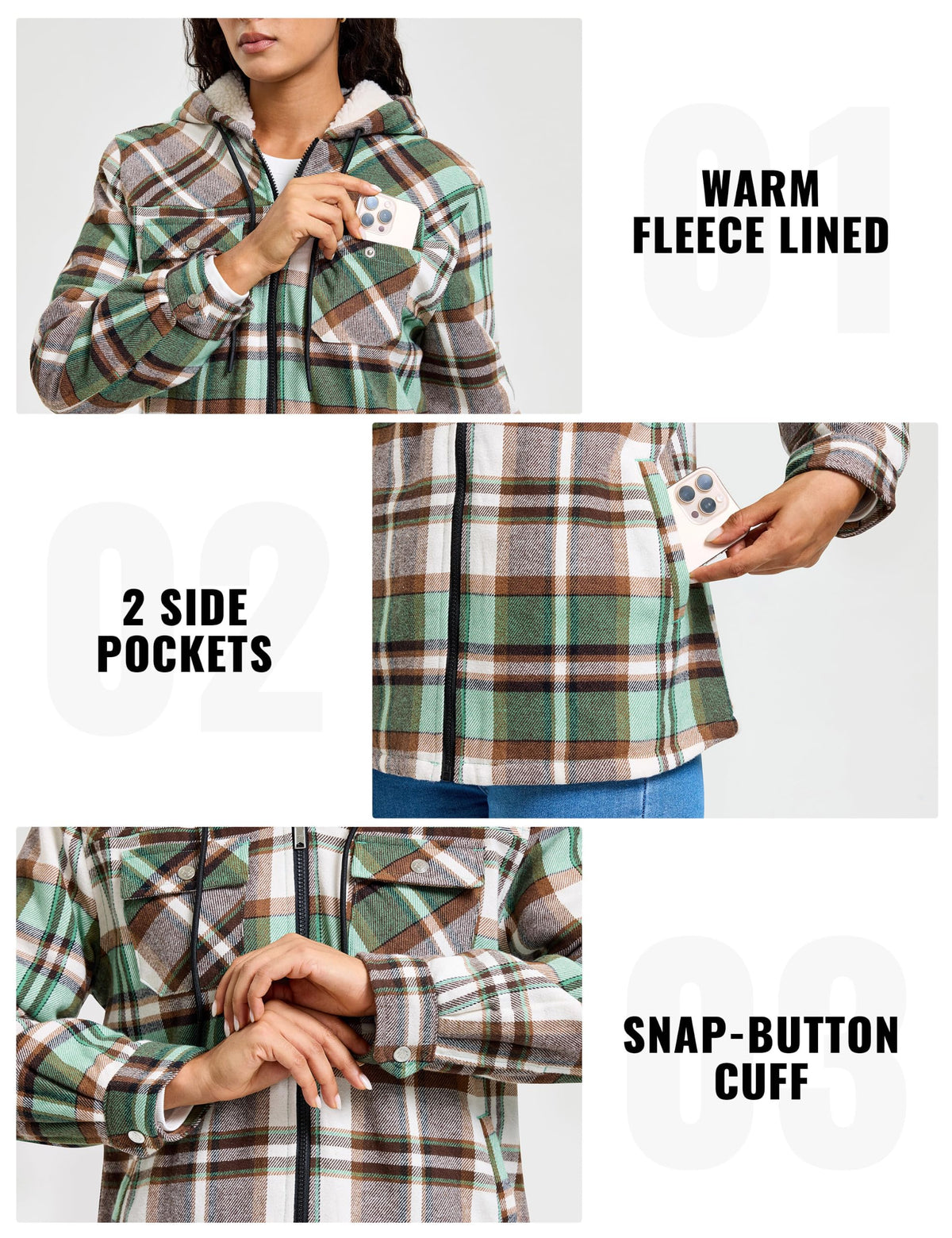 MoFiz Women Fleece Zip Up Hoodie Flannel Plaid Jacket With Pocket